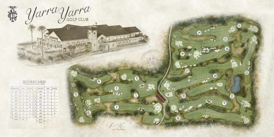 Hand-drawn course rendering of Yarra Yarra Golf Club — clubhouse sketch, hole-by-hole layout and scorecard